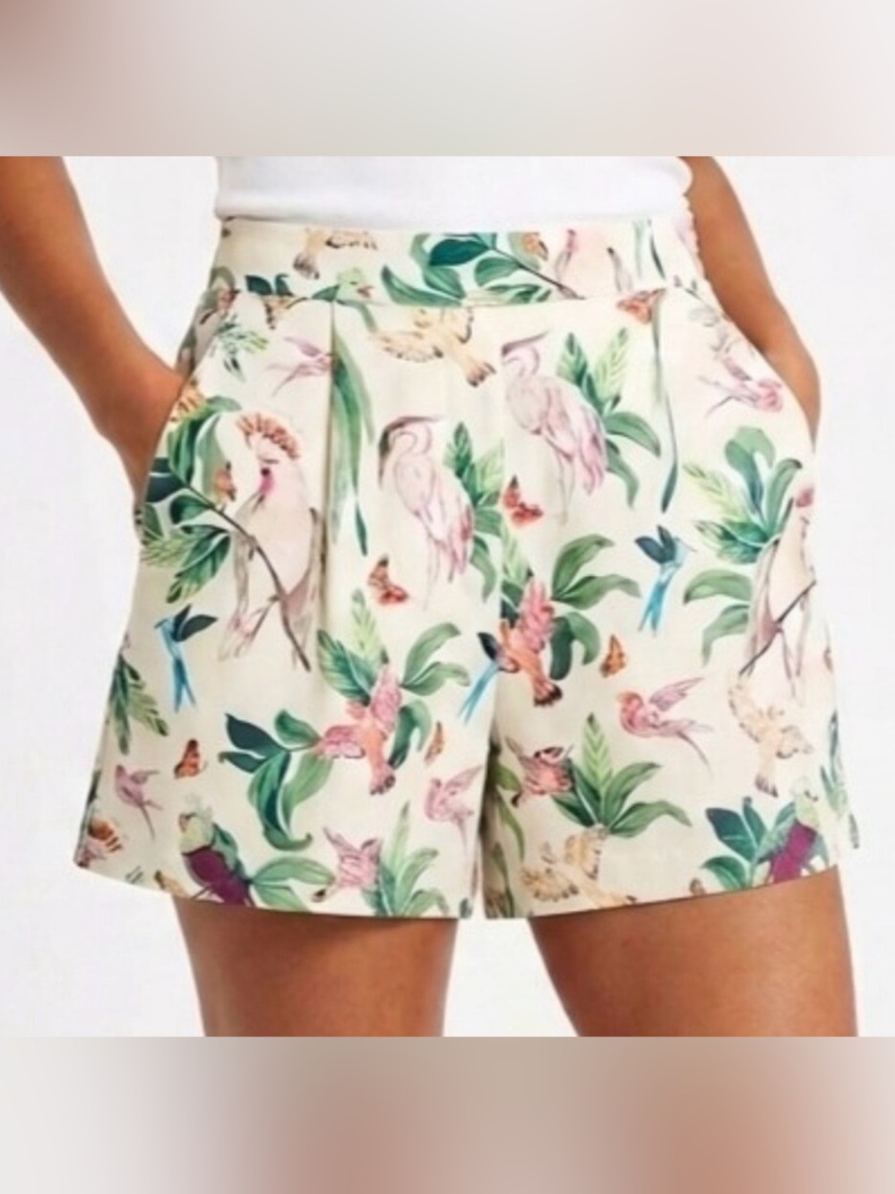 Ann Taylor Birds of Paradise Cream Tropical Print High Waist Shorts Size 14